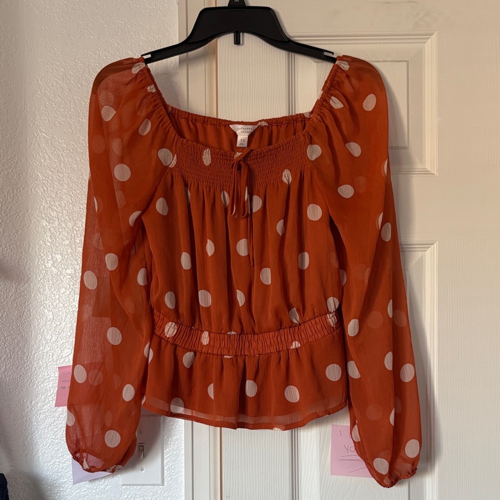 LC Lauren Conrad Rust Polka Dot Blouse